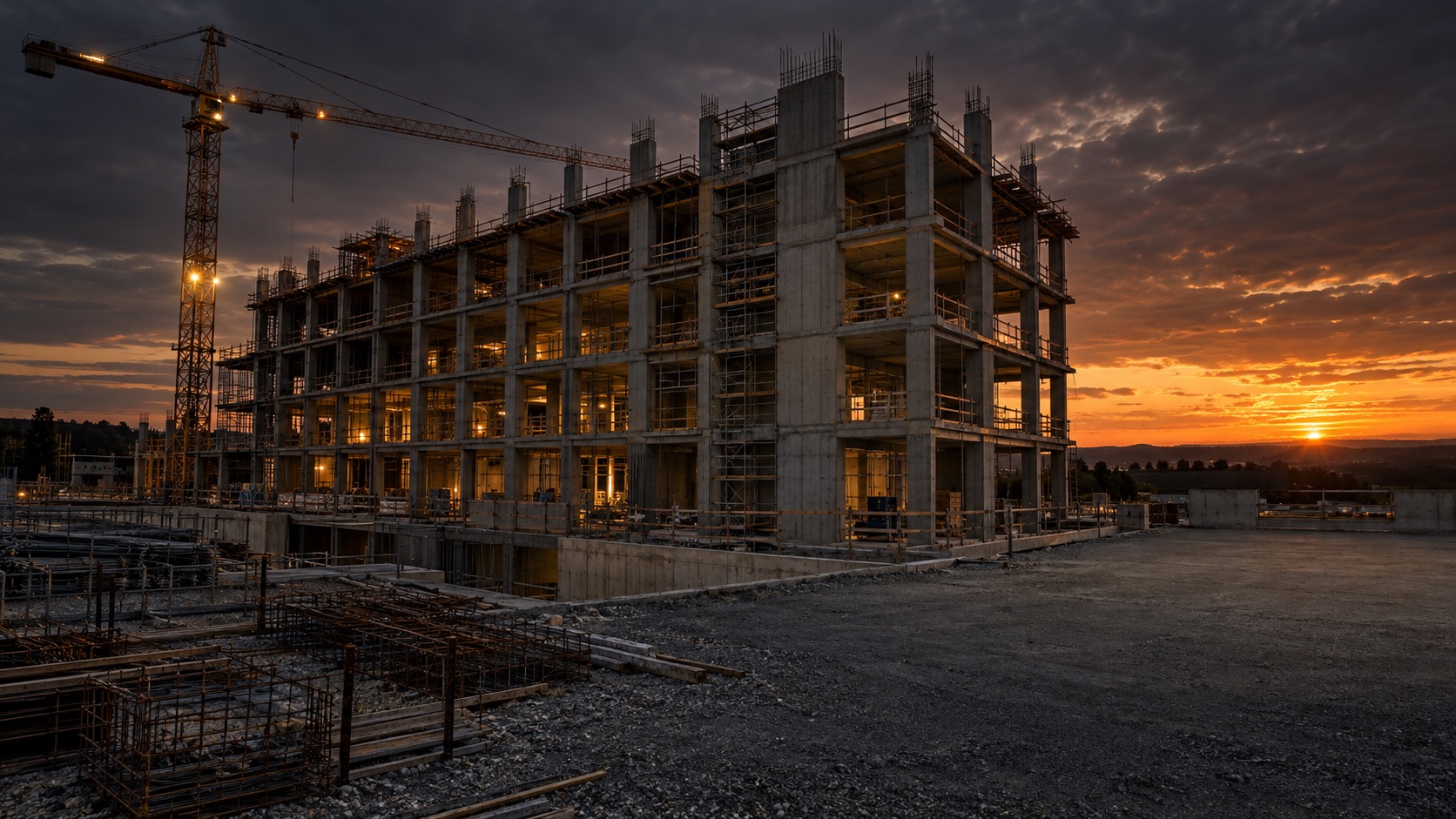 Stahlbeton-Rohbau mit Turmdrehkran bei Sonnenuntergang