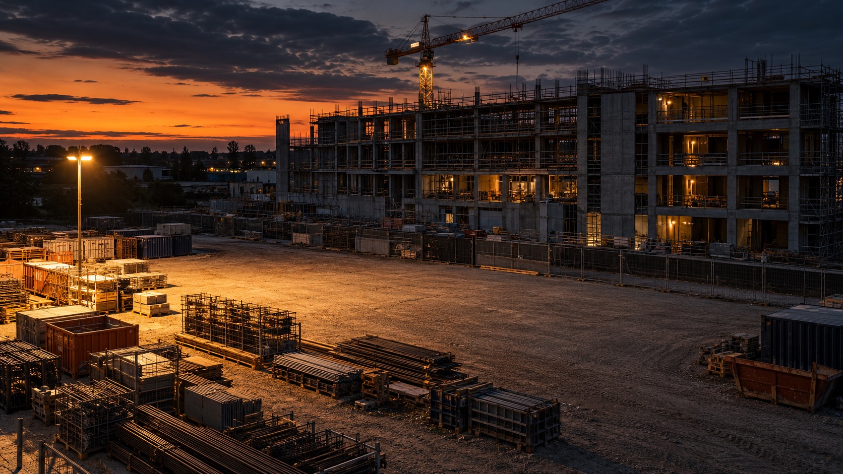 Baustelle in der Dämmerung mit Materiallager, Bauzaun und Beleuchtung