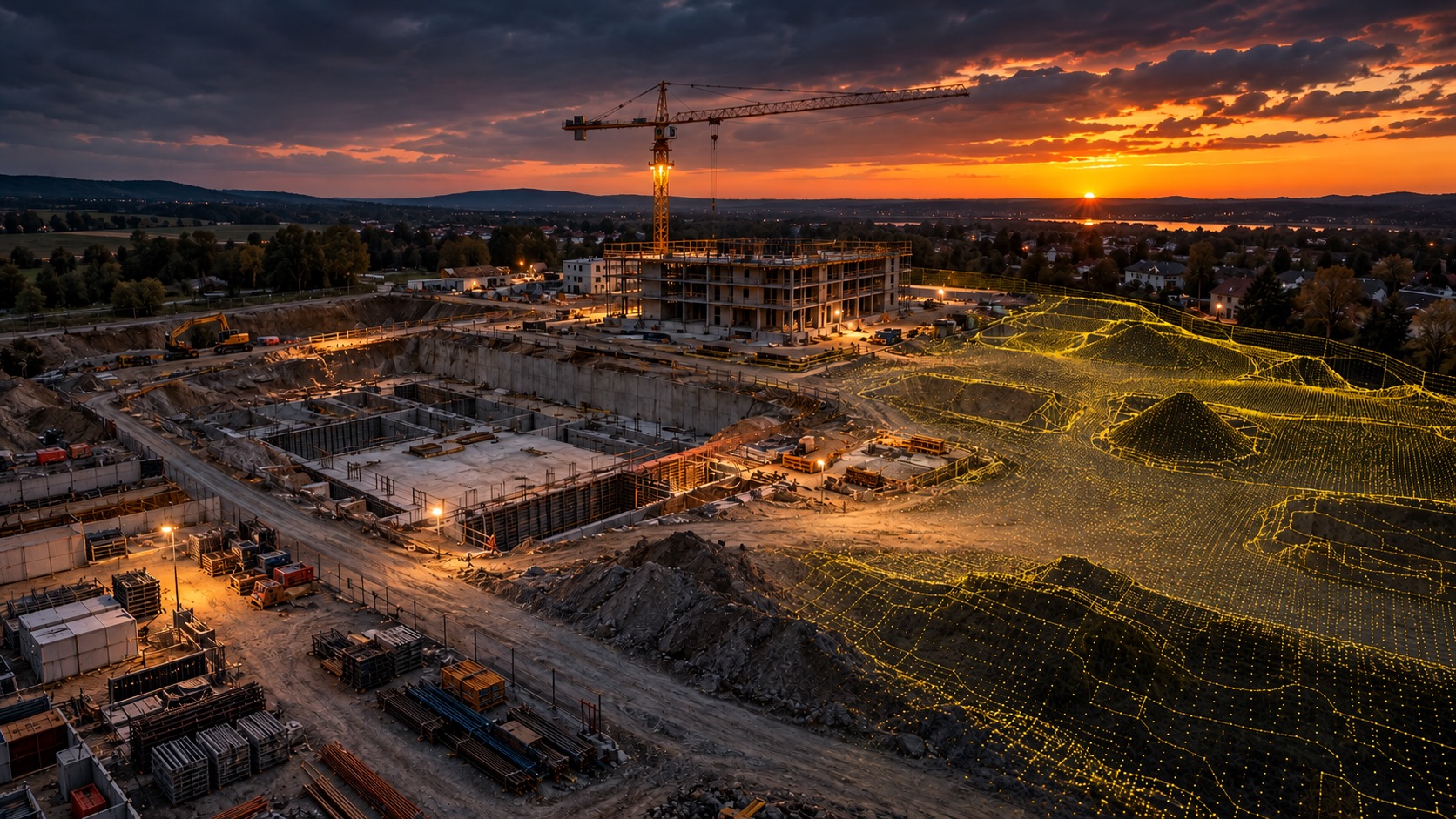 Luftaufnahme einer Baustelle mit gelb eingezeichneter Geländepunktwolke